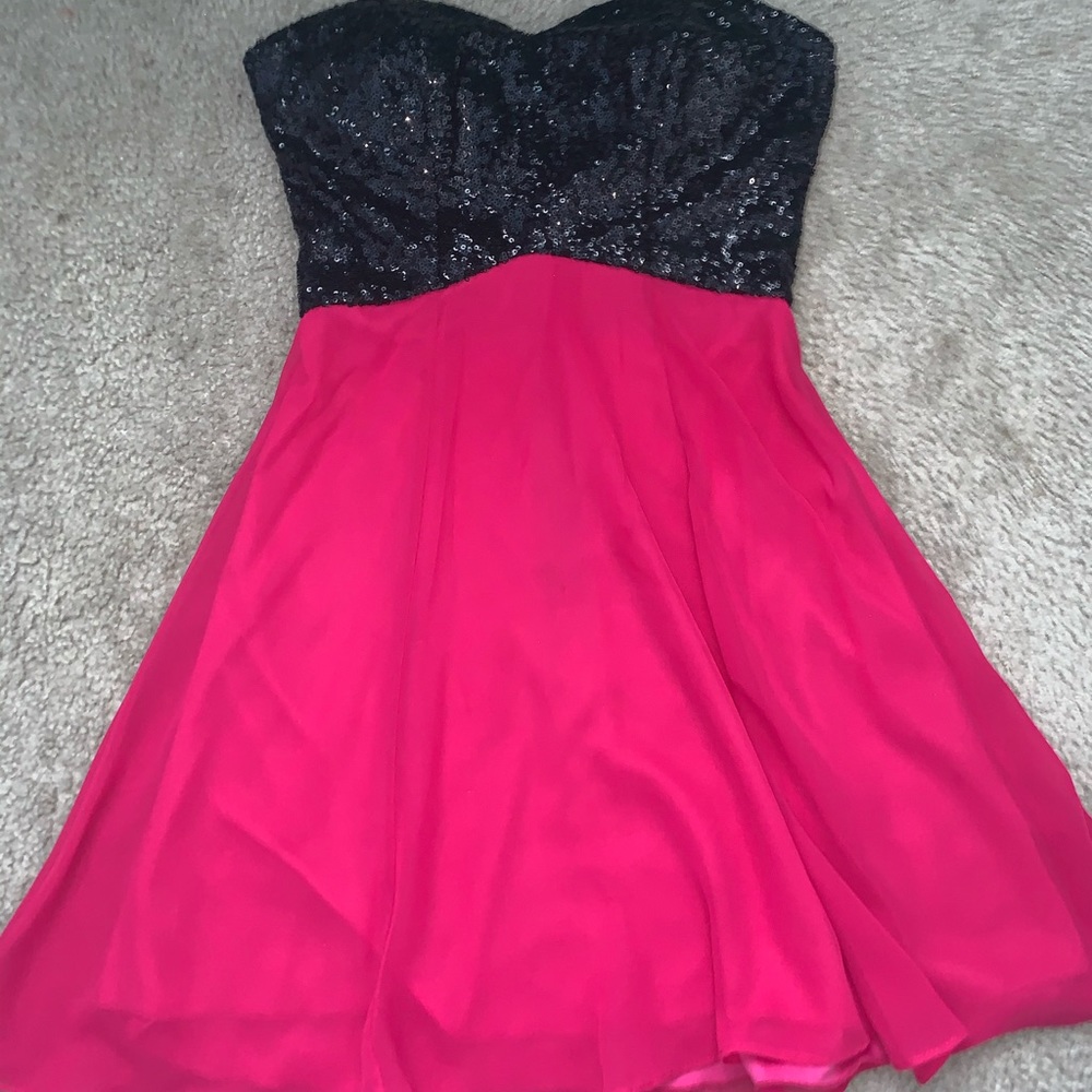 Strapless dress half black sequin top and hotpink